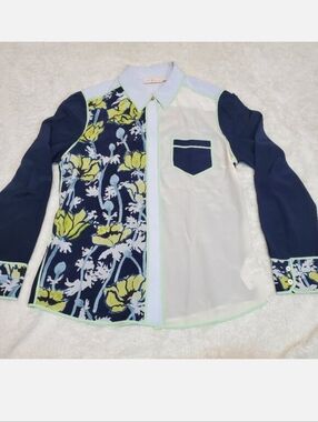 Tory Burch Navy Blue Floral Silk Blouse 8 Luxury Classic Old Money Feminine